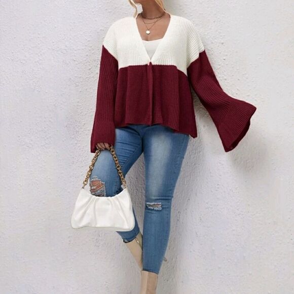 Plus Colorblock Flounce Sleeve Single Button Cardigan - Picture 3 of 6